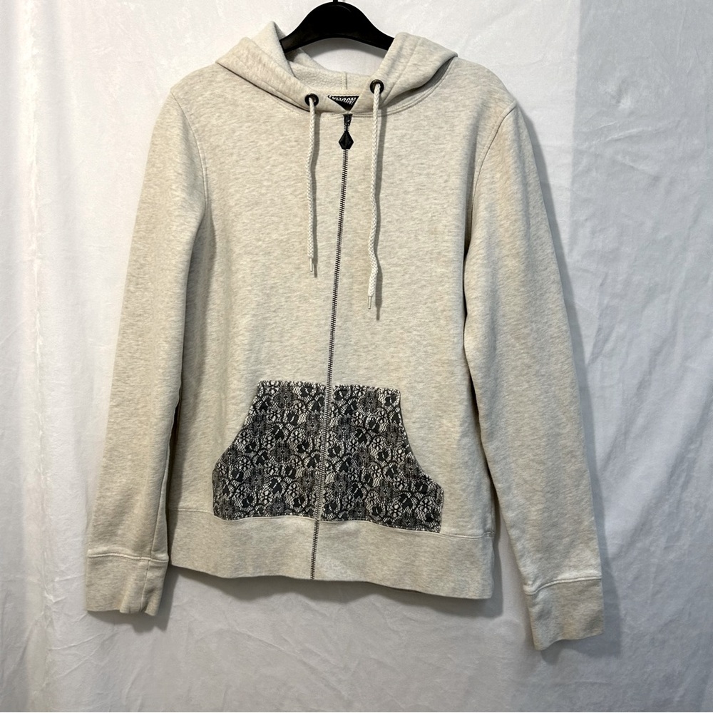 Volcom Womens Y2K Pullover Hoodie faux zipper lace print kangaroo pockets Size S